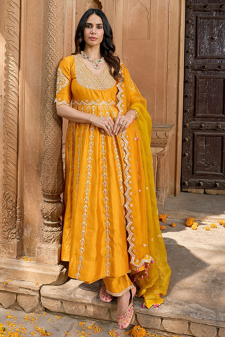 Mango Yellow Pure Spun Silk Gota-Patti Work Angrakha Set by SURBHI SHAH at Pernia's Pop Up Shop