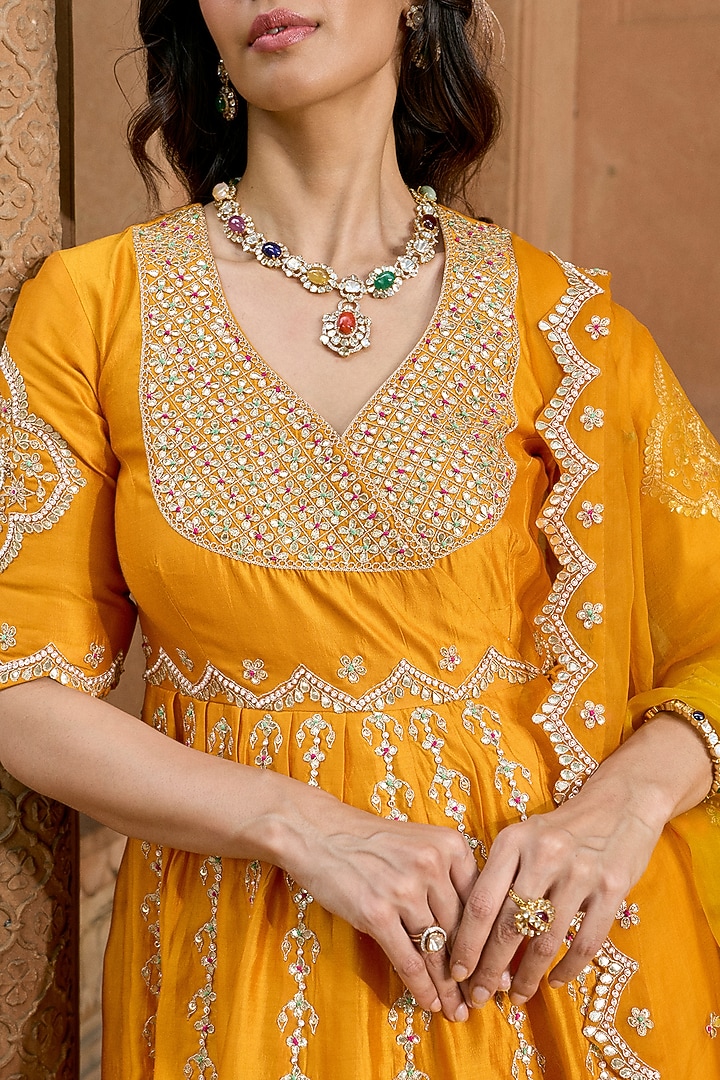 Mango Yellow Pure Spun Silk Gota-Patti Work Angrakha Set by SURBHI SHAH at Pernia's Pop Up Shop