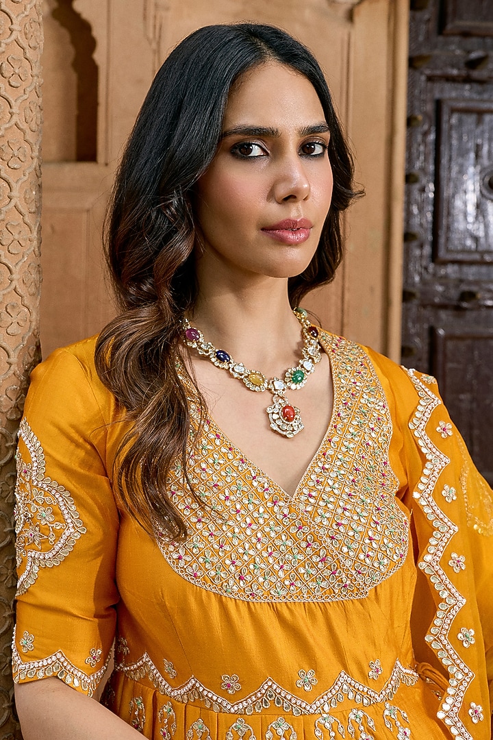 Mango Yellow Pure Spun Silk Gota-Patti Work Angrakha Set by SURBHI SHAH at Pernia's Pop Up Shop