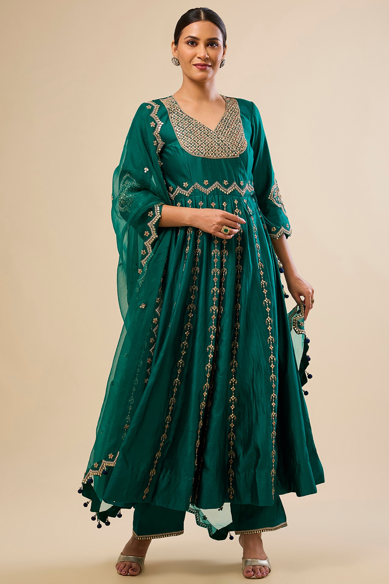 Surbhi Shah Emerald Green Spun Silk Gota Work Angrakha Anarkali Set