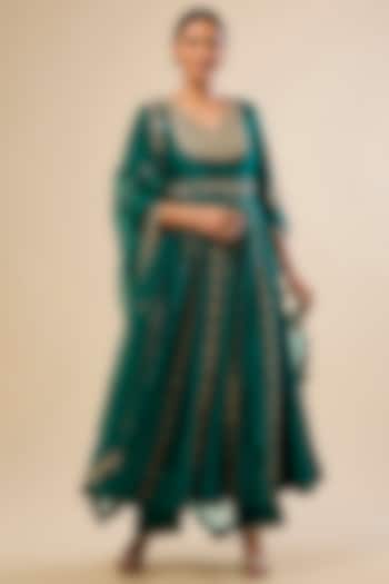 Emerald Green Spun Silk Gota Work Angrakha Wedding Anarkali Set by Surbhi Shah at Pernia's Pop Up Shop