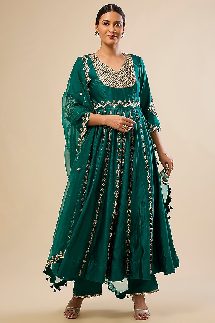 Emerald Green Spun Silk Gota Work Angrakha Wedding Anarkali Set by Surbhi Shah at Pernia's Pop Up Shop