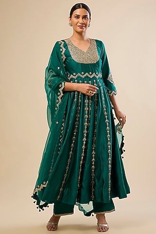 Emerald Green Spun Silk Gota Work Angrakha Anarkali Set by Surbhi Shah