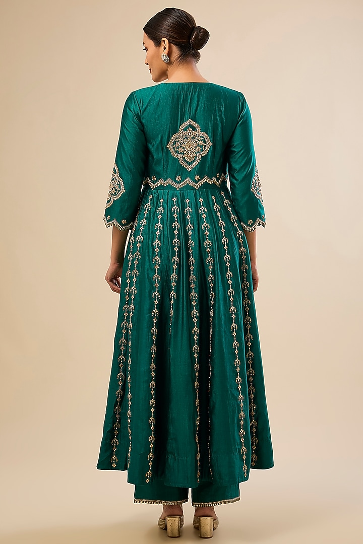 Emerald Green Spun Silk Gota Work Angrakha Wedding Anarkali Set by Surbhi Shah at Pernia's Pop Up Shop