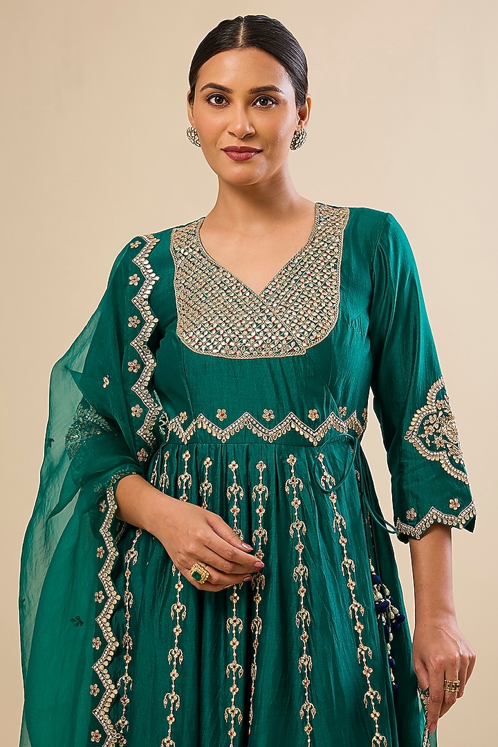 Emerald Green Spun Silk Gota Work Angrakha Wedding Anarkali Set by Surbhi Shah at Pernia's Pop Up Shop