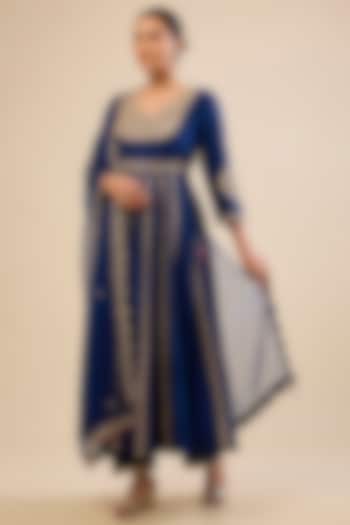 Navy Blue Spun Silk Gota Work Angrakha Wedding Anarkali Set by Surbhi Shah at Pernia's Pop Up Shop