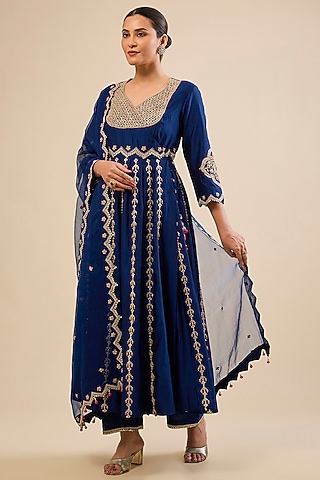 Navy Blue Spun Silk Gota Work Angrakha Anarkali Set by Surbhi Shah