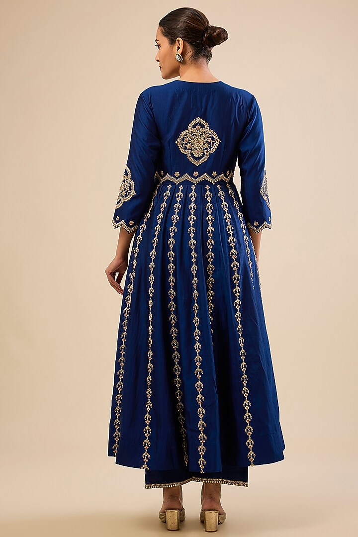 Navy Blue Spun Silk Gota Work Angrakha Wedding Anarkali Set by Surbhi Shah at Pernia's Pop Up Shop