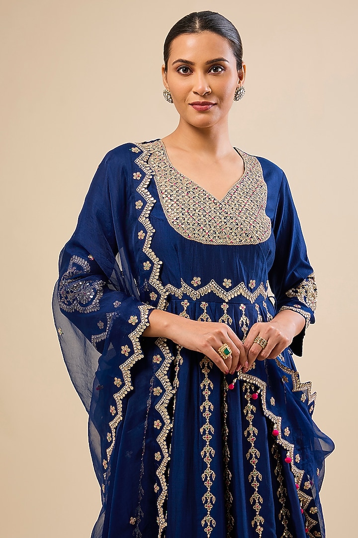 Navy Blue Spun Silk Gota Work Angrakha Wedding Anarkali Set by Surbhi Shah at Pernia's Pop Up Shop