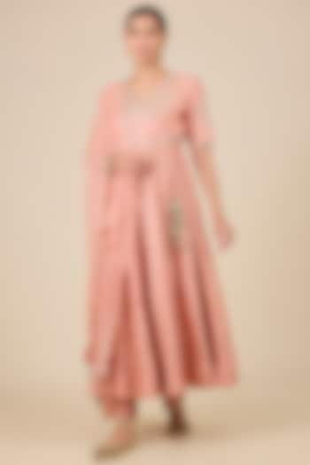Old Rose Spun Silk Gota Patti Work Angrakha Wedding Anarkali Set by SURBHI SHAH at Pernia's Pop Up Shop