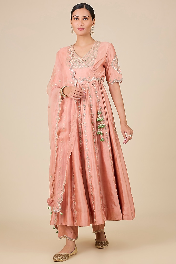 Old Rose Spun Silk Gota Patti Work Angrakha Wedding Anarkali Set by SURBHI SHAH at Pernia's Pop Up Shop