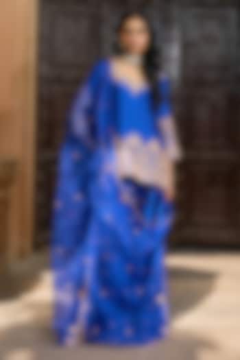 Blue Pure Spun Silk Kalidar Bridal Sharara Set by SURBHI SHAH at Pernia's Pop Up Shop