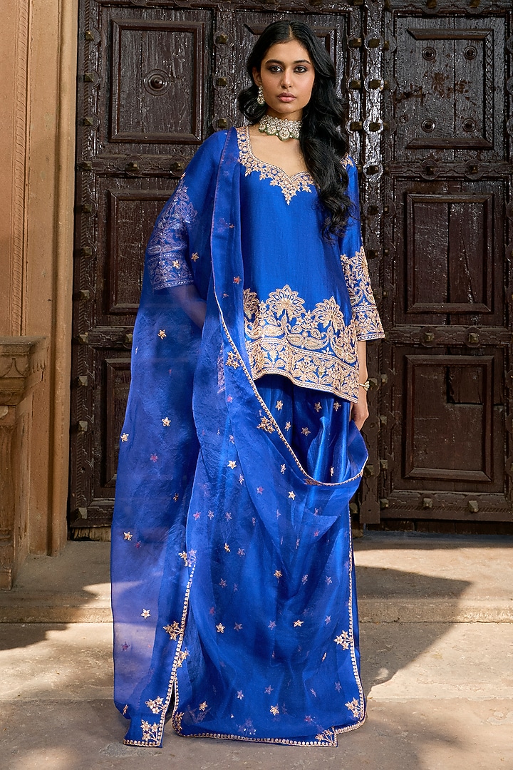 Blue Pure Spun Silk Kalidar Bridal Sharara Set by SURBHI SHAH at Pernia's Pop Up Shop