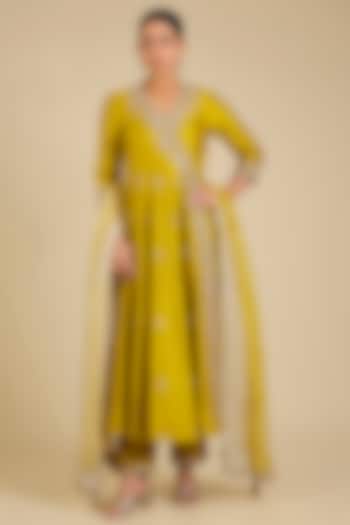 Lime Green Spun Silk Zardosi Work Angrakha Kurta Set by SURBHI SHAH at Pernia's Pop Up Shop