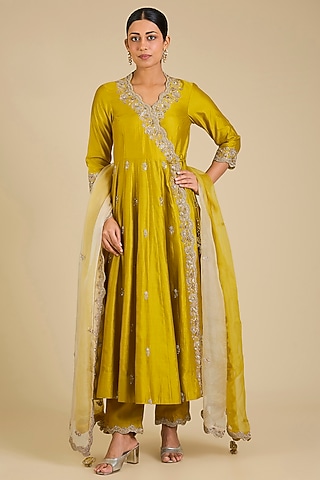 Lime Green Spun Silk Zardosi Work Angrakha Kurta Set by SURBHI SHAH