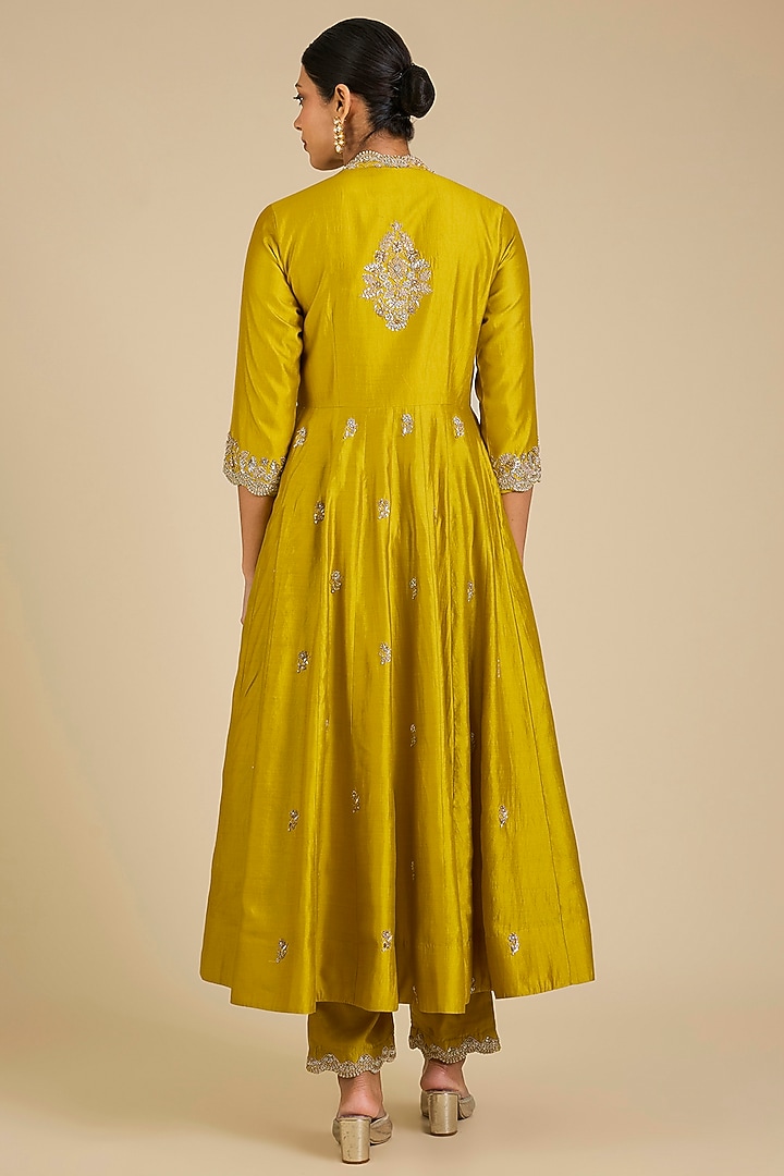 Lime Green Spun Silk Zardosi Work Angrakha Kurta Set by SURBHI SHAH at Pernia's Pop Up Shop
