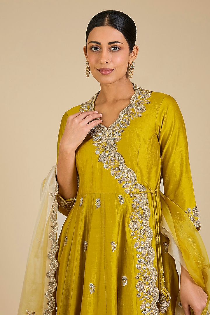 Lime Green Spun Silk Zardosi Work Angrakha Kurta Set by SURBHI SHAH at Pernia's Pop Up Shop