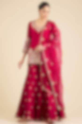 Maroon Spun Silk Embroidered Bridal Sharara Set by SURBHI SHAH at Pernia's Pop Up Shop