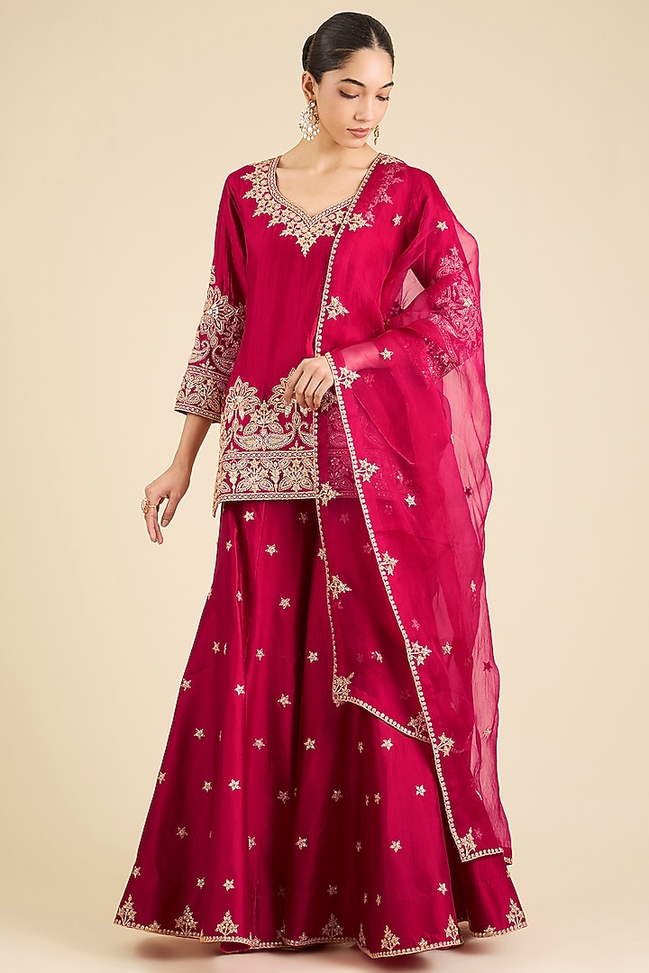 Maroon Spun Silk Embroidered Bridal Sharara Set by SURBHI SHAH at Pernia's Pop Up Shop