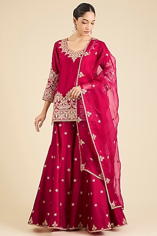 Maroon Spun Silk Embroidered Sharara Set by SURBHI SHAH