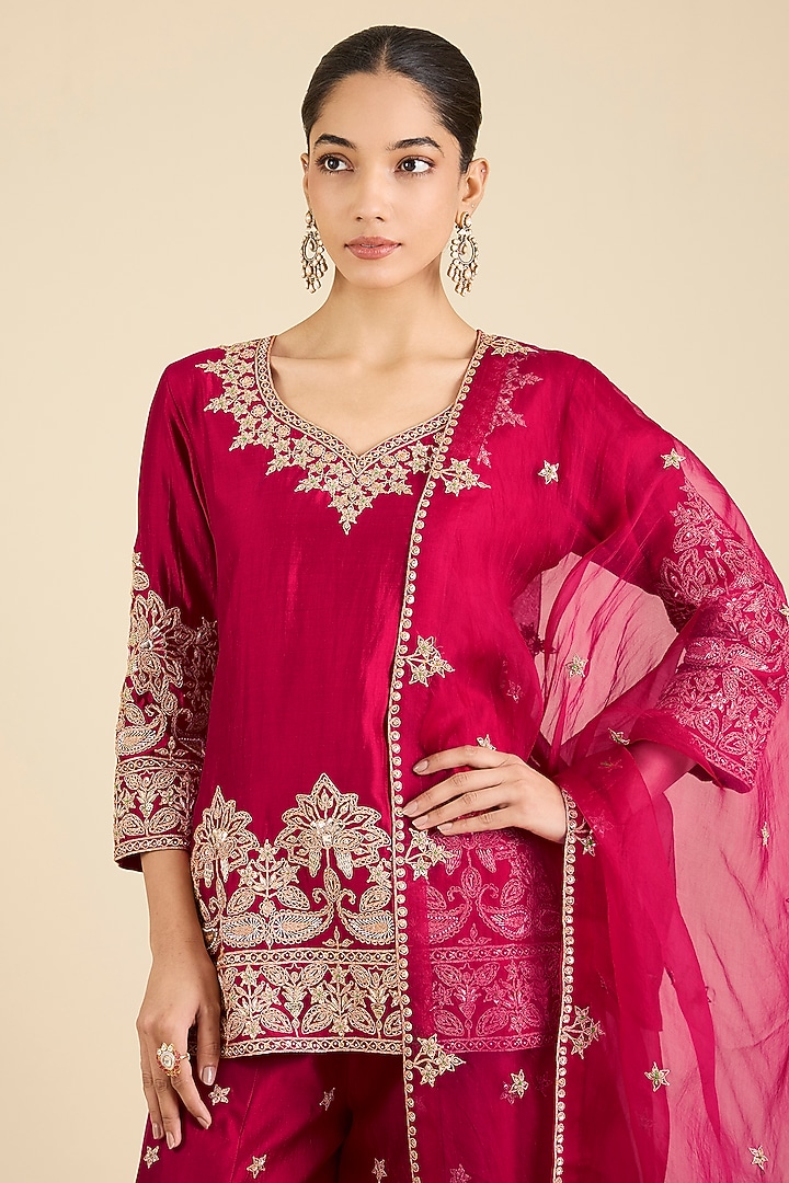 Maroon Spun Silk Embroidered Bridal Sharara Set by SURBHI SHAH at Pernia's Pop Up Shop