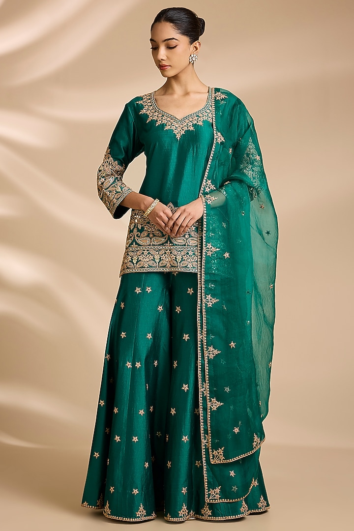Emerald Green Spun Silk Mukaish Embroidered Bridal Sharara Set by Surbhi Shah at Pernia's Pop Up Shop