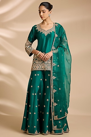 Emerald Green Spun Silk Mukaish Embroidered Sharara Set by Surbhi Shah