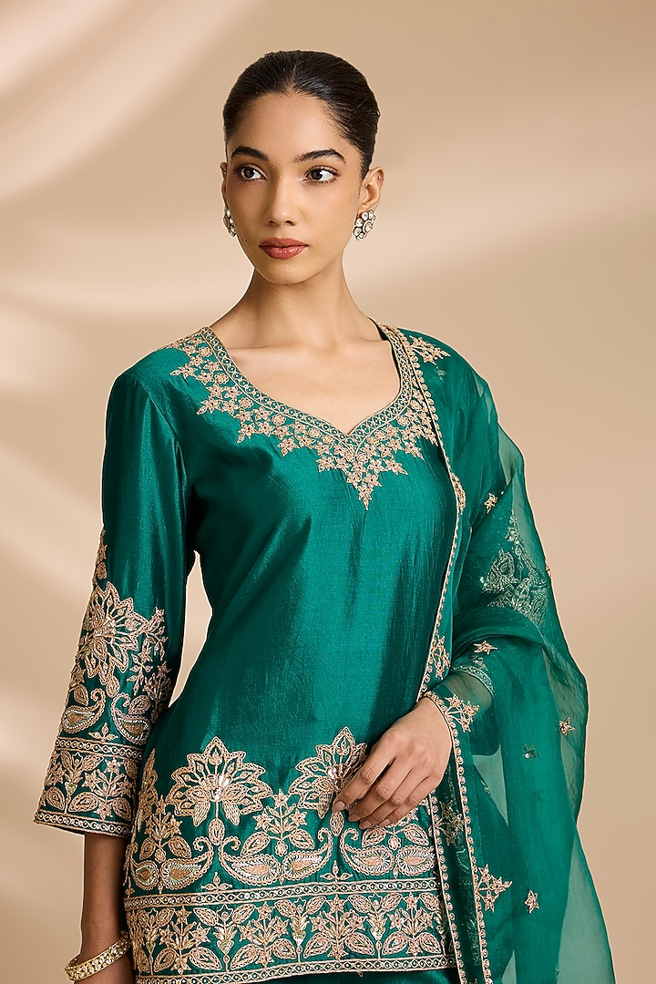 Emerald Green Spun Silk Mukaish Embroidered Bridal Sharara Set by Surbhi Shah at Pernia's Pop Up Shop