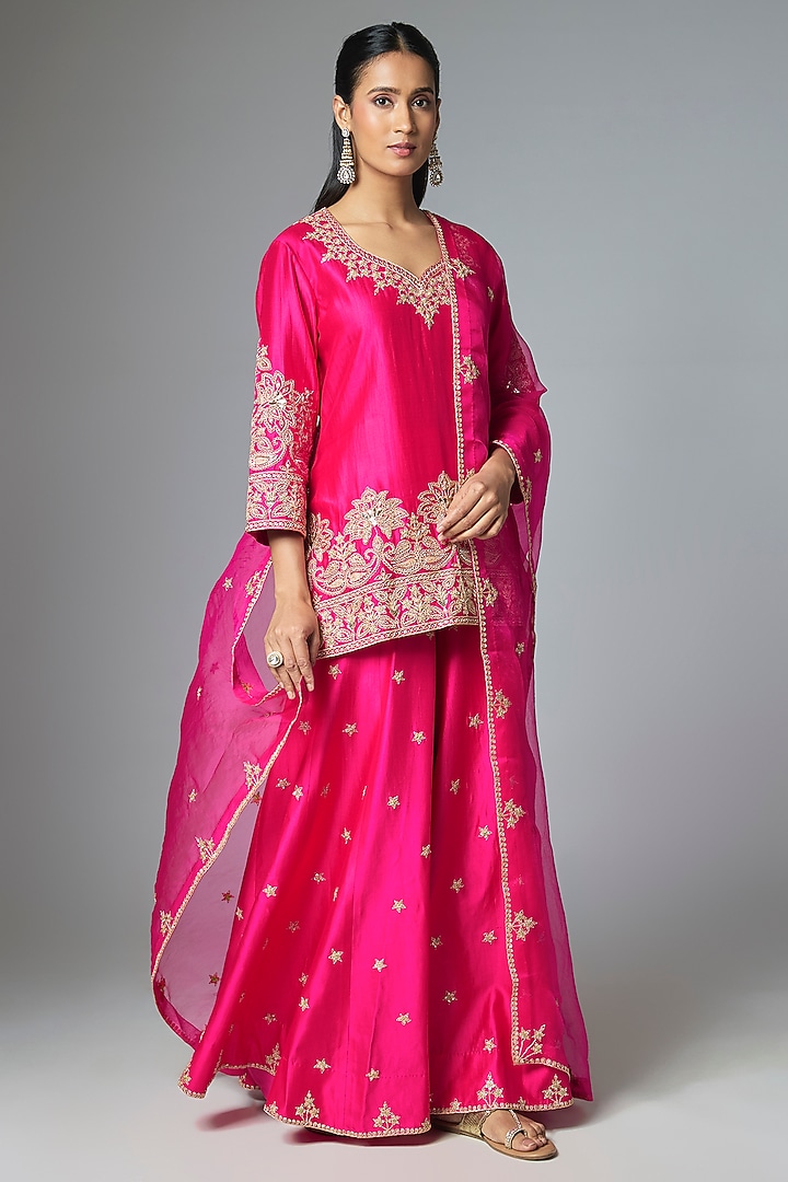 Rani Pink Spun Silk Bridal Sharara Set by SURBHI SHAH at Pernia's Pop Up Shop