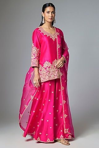 Rani Pink Spun Silk Sharara Set by SURBHI SHAH