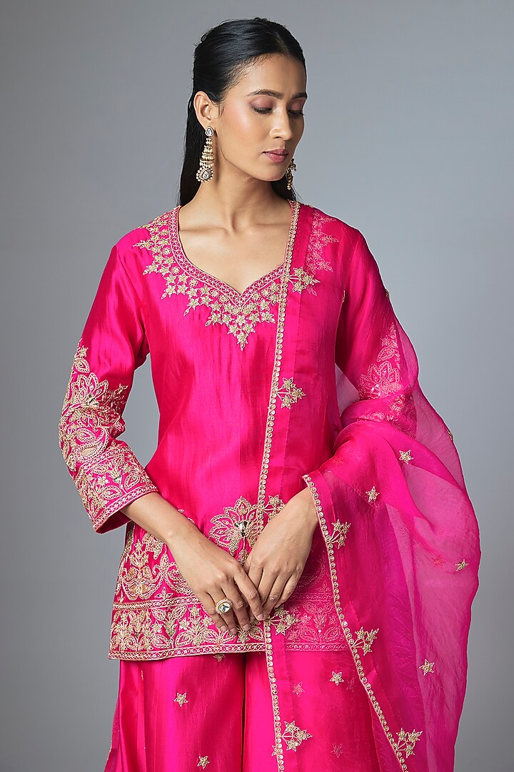 Rani Pink Spun Silk Bridal Sharara Set by SURBHI SHAH at Pernia's Pop Up Shop
