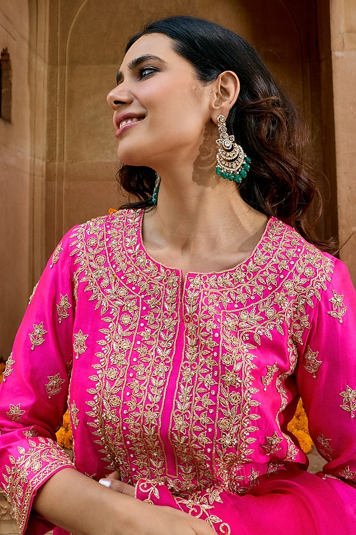 Pink Pure Spun Silk Zardosi Work Kurta Set by SURBHI SHAH at Pernia's Pop Up Shop