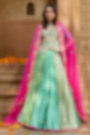 Coral Sea Green Pure Silk Shaded Skirt Set by SURBHI SHAH at Pernia's Pop Up Shop