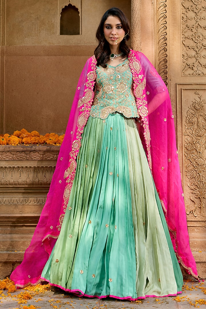 Coral Sea Green Pure Silk Shaded Skirt Set by SURBHI SHAH at Pernia's Pop Up Shop