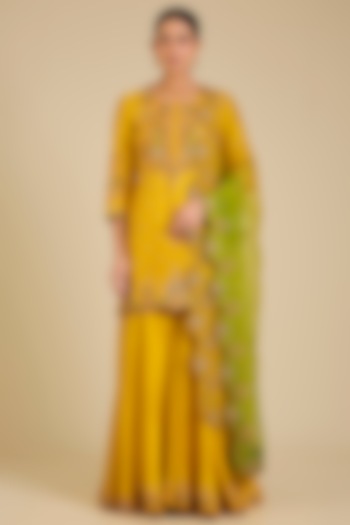 Mango Yellow Spun Silk Marori Work Wedding Sharara Set by SURBHI SHAH at Pernia's Pop Up Shop