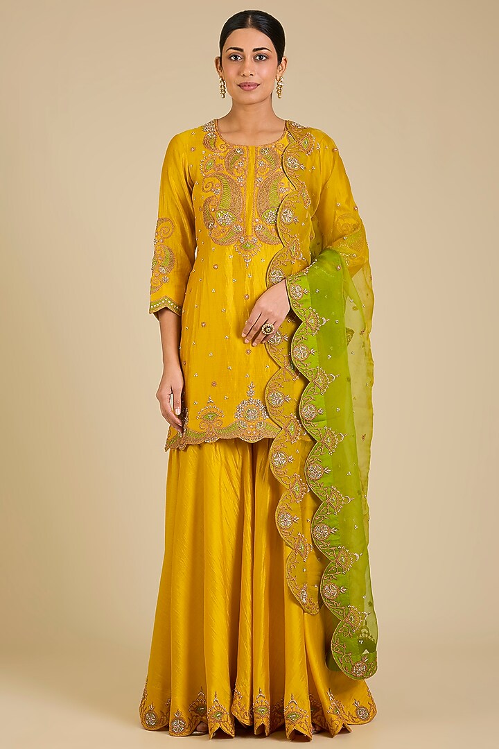 Mango Yellow Spun Silk Marori Work Wedding Sharara Set by SURBHI SHAH at Pernia's Pop Up Shop