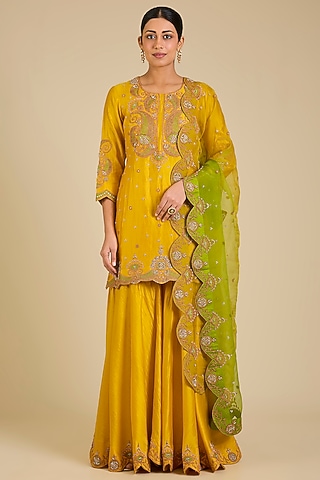 Mango Yellow Spun Silk Marori Work Sharara Set by SURBHI SHAH