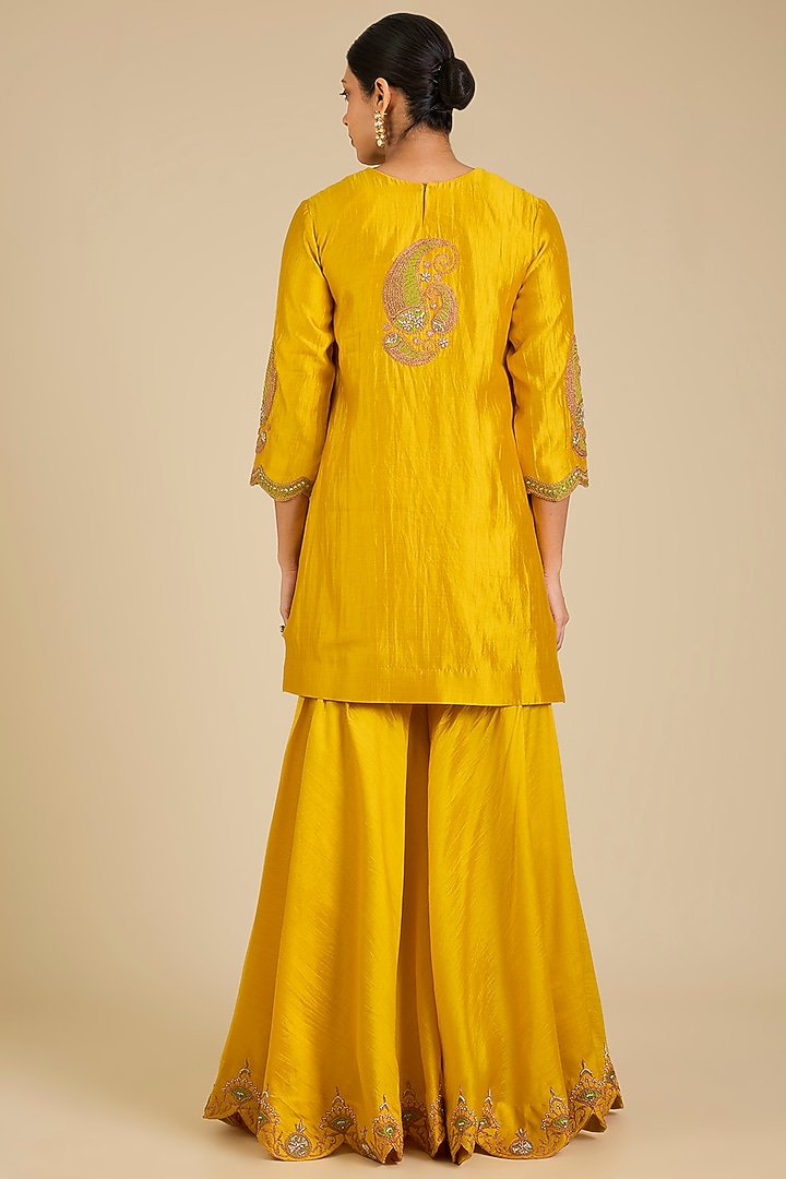 Mango Yellow Spun Silk Marori Work Wedding Sharara Set by SURBHI SHAH at Pernia's Pop Up Shop