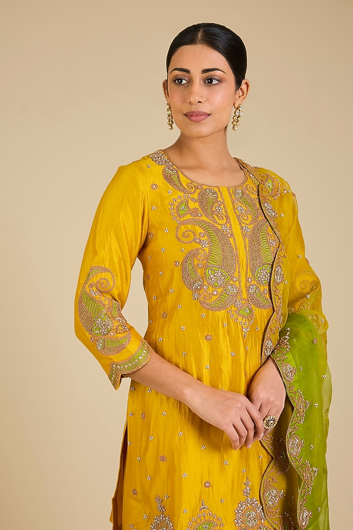 Mango Yellow Spun Silk Marori Work Wedding Sharara Set by SURBHI SHAH at Pernia's Pop Up Shop