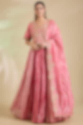 Raspberry Pink Pure Silk Marori Embroidered Jacket Wedding Lehenga Set by SURBHI SHAH at Pernia's Pop Up Shop