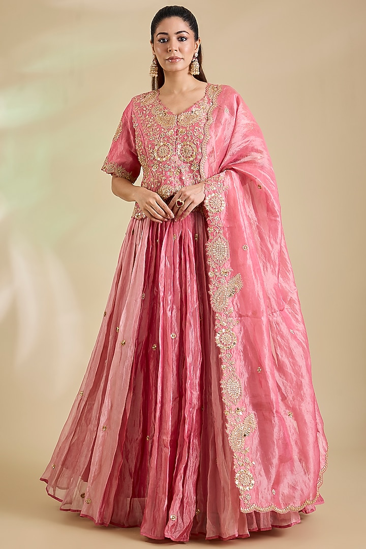 Raspberry Pink Pure Silk Marori Embroidered Jacket Wedding Lehenga Set by SURBHI SHAH at Pernia's Pop Up Shop