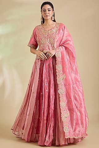 Raspberry Pink Pure Silk Marori Embroidered Jacket Lehenga Set by SURBHI SHAH