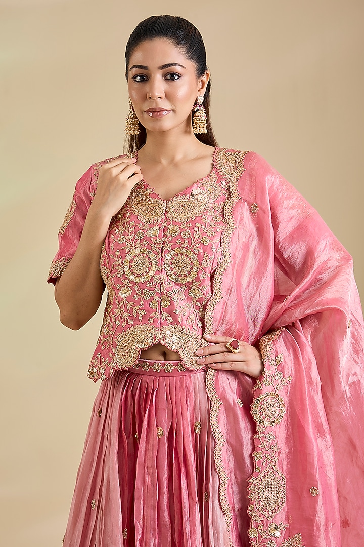 Raspberry Pink Pure Silk Marori Embroidered Jacket Wedding Lehenga Set by SURBHI SHAH at Pernia's Pop Up Shop