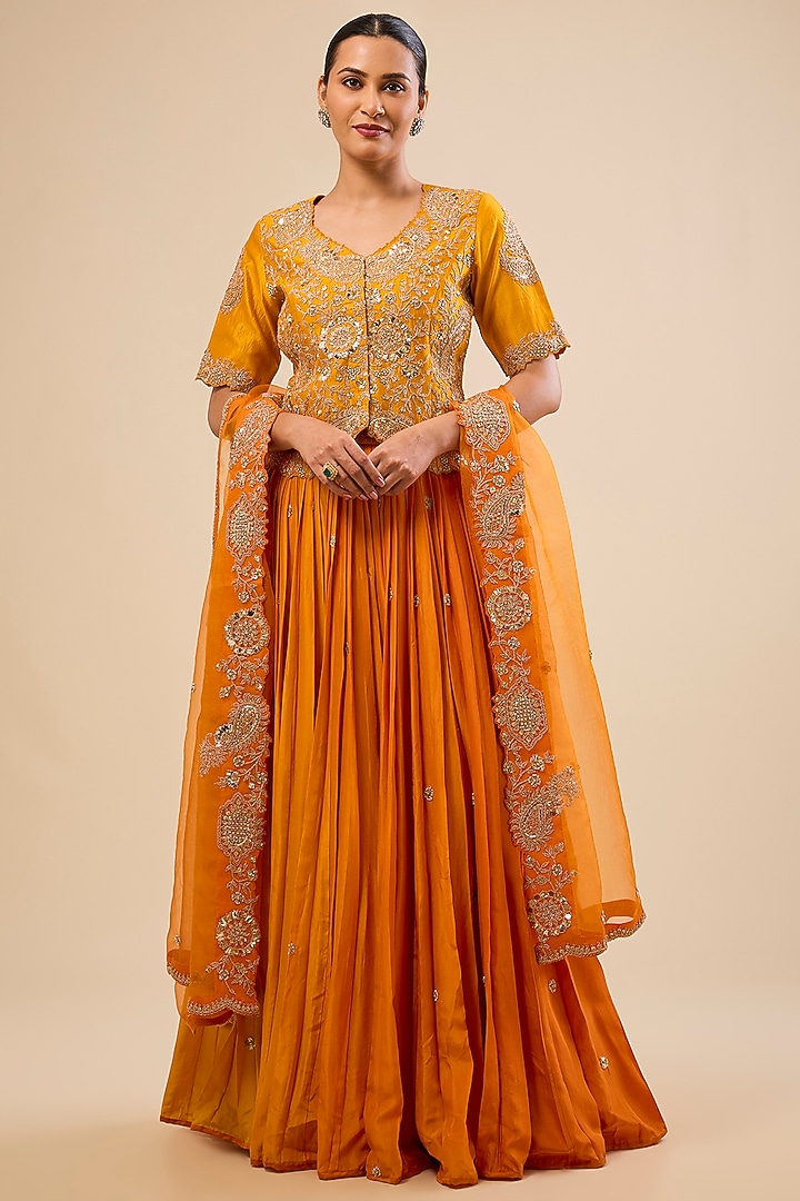 Orange Pure Silk Skirt Set by Surbhi Shah at Pernia's Pop Up Shop