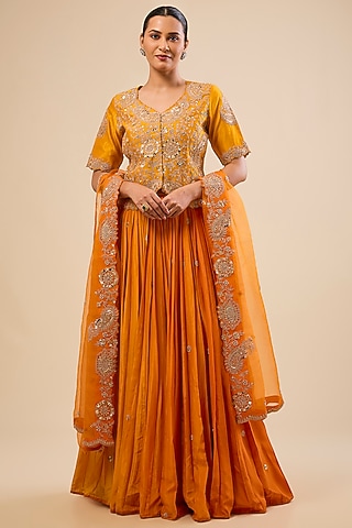 Orange Pure Silk Skirt Set by Surbhi Shah