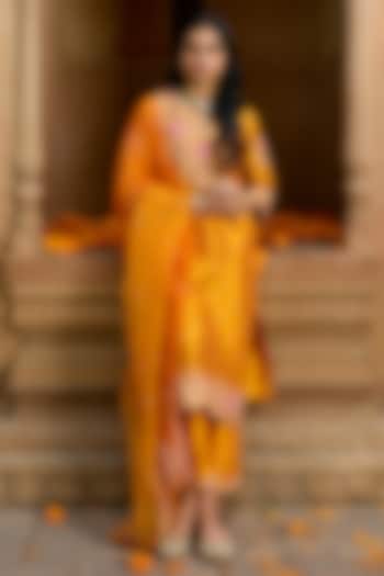 Mango Yellow Spun Silk Mukesh Work Kurta Set by SURBHI SHAH at Pernia's Pop Up Shop