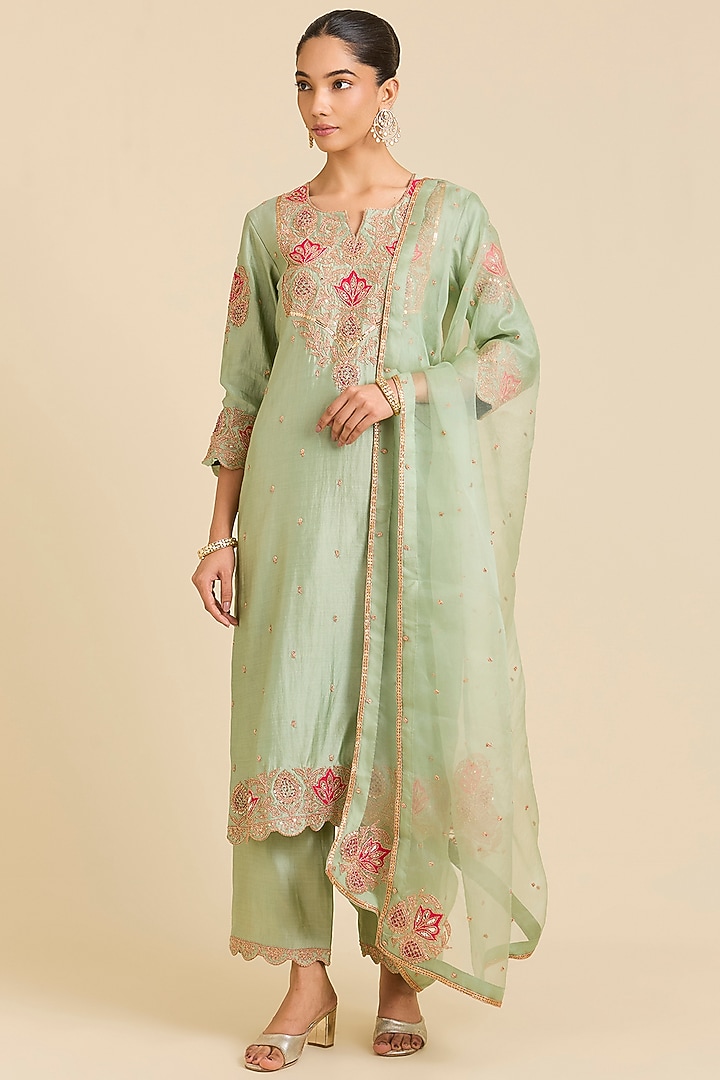 Pistachio Green Spun Silk Marori Embroidered Kurta Set by SURBHI SHAH at Pernia's Pop Up Shop