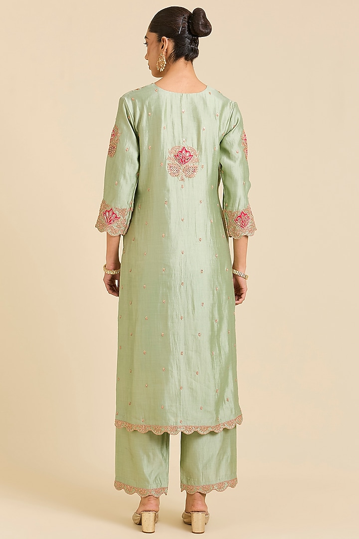 Pistachio Green Spun Silk Marori Embroidered Kurta Set by SURBHI SHAH at Pernia's Pop Up Shop