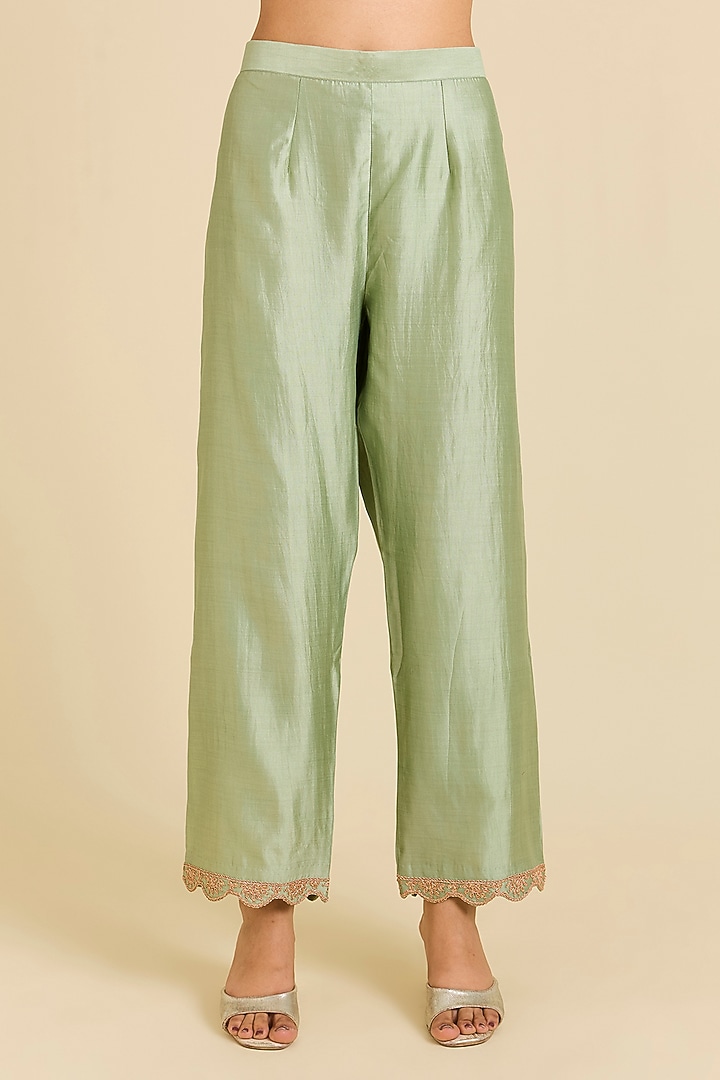 Pistachio Green Spun Silk Marori Embroidered Kurta Set by SURBHI SHAH at Pernia's Pop Up Shop