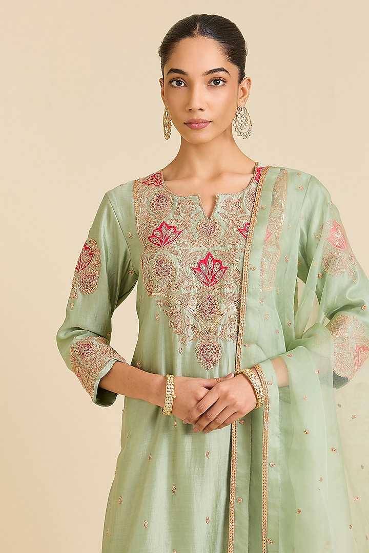 Pistachio Green Spun Silk Marori Embroidered Kurta Set by SURBHI SHAH at Pernia's Pop Up Shop